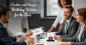 A realistic modern office scene with a creative birthday setup for a boss. A stylishly designed birthday card, handwritten note, or small custom desk decoration is being presented to the boss by employees. Subtle creativity in colors and layout, professional attire, warm smiles, modern workspace background. The atmosphere feels thoughtful and unique, not overdone. At the top of the image, elegant and artistic typography reads: “Creative and Unique Birthday Wishes for Boss”. High-resolution, photorealistic style, ideal for premium blog content.
