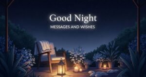 "Design a tranquil, cozy outdoor patio scene under the night sky. A comfortable chair is placed under a softly glowing lantern, surrounded by peaceful plants and gentle candlelight. The night sky above is clear with twinkling stars, creating a serene backdrop. Add the text 'Good Night Messages and Wishes' in a simple, graceful font, subtly illuminated by the soft light. Use deep blues, gentle whites, and soft amber hues to evoke warmth, calm, and peacefulness, perfect for reflecting on heartfelt good night messages."