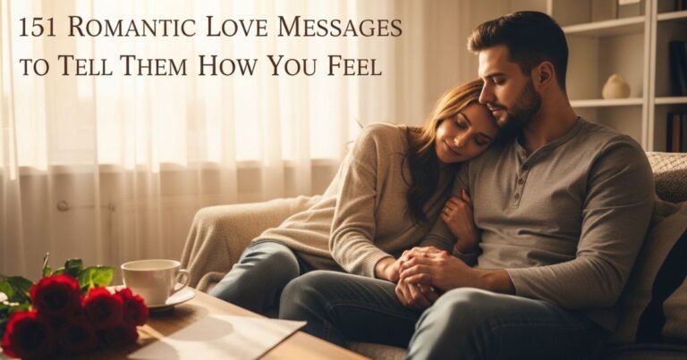 A real-life couple sitting together on a cozy couch near a warm window light, the woman resting her head on the man's shoulder while he holds her hand gently. Soft natural sunlight fills the room with a golden warm glow. On a wooden table nearby sits a handwritten love letter, a cup of coffee, and a small bouquet of fresh red roses. The text "151 Romantic Love Messages to Tell Them How You Feel" appears in elegant rose gold serif font at the top or bottom of the image. The mood is peaceful, intimate, and deeply romantic. Photorealistic, warm tones, shallow depth of field, lifestyle photography style.