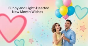 A cheerful couple laughing together while holding balloons and confetti, bright colorful background with pastel tones, fun and joyful atmosphere, whimsical heart and star shapes floating around, modern blog featured image style, space at the top for the heading text “Funny and Light-Hearted New Month Wishes”, high-resolution, energetic and uplifting mood, cinematic and playful composition