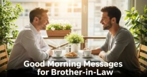 A real photography style warm and genuinely friendly morning scene showing two brothers-in-law sitting together at a bright and cheerful outdoor cafe table or a sunlit home patio, sharing a relaxed and enjoyable morning coffee together with genuine smiles on their faces and a naturally comfortable and friendly energy between them that speaks volumes about their warm and respectful relationship. One man is slightly older, dressed in a clean smart casual shirt, leaning forward with a warm and welcoming smile while the other sits comfortably across from him looking relaxed, happy, and genuinely at ease in the company of someone who has become not just family but a true and trusted friend. Between them on the table sit two steaming coffee mugs, a small plate of morning pastries, and a smartphone lying casually beside one of the mugs suggesting a relaxed and unhurried morning shared between two people who genuinely enjoy each other's company. The outdoor setting around them is bright, fresh, and beautifully inviting with soft green plants, warm wooden furniture, and gentle early morning sunlight filtering through overhead leaves and casting beautiful dappled light patterns across the entire scene. A few potted flowers in soft whites and yellows are visible in the background adding a fresh and welcoming touch to the already warm and friendly atmosphere. The overall mood is relaxed, respectful, warm, and genuinely joyful capturing the unique and beautiful dynamic of a brother-in-law relationship that has grown into something truly special and deeply valued by both people sitting at that morning table together. The overall color palette features fresh greens, warm golden yellows, soft creamy whites, and gentle browns giving the entire image a bright, warm, and genuinely inviting morning mood that feels completely natural and deeply relatable. In the bottom center of the image bold clean white text reads "Good Morning Messages for Brother-in-Law" with a subtle soft dark gradient overlay behind it keeping the text perfectly crisp, clear, and beautifully readable against the bright and warmly inviting background.