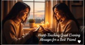 "Create a touching scene where two best friends are sitting on a balcony or in a cozy living room, looking out at the sunset. One friend is typing a heartfelt message on their phone while the other listens with a warm smile. The room should be softly lit with the gentle glow of evening light, creating an intimate and peaceful atmosphere. Add small personal details like a blanket, a cup of tea, and soft cushions to enhance the feeling of comfort and connection. The text 'Heart-Touching Good Evening Messages for a Best Friend' should be in a friendly, cursive font that complements the warmth of the scene."