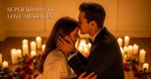 A realistic lifestyle photo of a couple sharing a tender forehead kiss in a softly lit room filled with hundreds of warm glowing candles and fresh red roses scattered across the floor around them. The woman's eyes are gently closed and the man holds her face softly in both hands. Deep warm golden light creating an incredibly intimate and magical atmosphere throughout the entire scene. The text "Super Romantic Love Messages" displayed in elegant rose gold serif typography at the top of the image. Photorealistic, deeply romantic and emotional mood, shallow depth of field, high resolution, editorial blog style.
