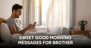 A real photography style morning scene showing a young man sitting on his bed just after waking up, holding his phone with a big genuine smile on his face as if he just received a sweet and heartfelt message from his brother. Soft warm morning sunlight enters through a partially open window with light curtains gently blowing in the breeze. The bedroom setting is simple, clean, and cozy with a wooden bedside table holding a glass of water and a small indoor plant. He is wearing a casual light colored t-shirt and looks completely relaxed, happy, and emotionally touched by the message he is reading. The overall color palette is soft and warm with gentle whites, warm beiges, and subtle golden morning tones that make the entire scene feel natural, peaceful, and deeply relatable. In the bottom center of the image bold clean white text reads "Sweet Good Morning Messages for Brother" with a very subtle dark gradient strip behind the text making it sharp and easy to read without disturbing the natural feel of the image.